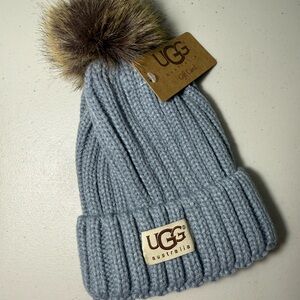 UGG Gray Beanie with Brown Faux Fur Pom